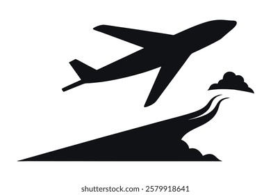 plane, crash, aircraft, accident, silhouette, smoke, fire, explosion, emergency, aviation, disaster, air, flight, danger, fall, vector, illustration, white, background, sky, turbulence, burning