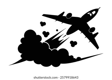 plane, crash, aircraft, accident, silhouette, smoke, fire, explosion, emergency, aviation, disaster, air, flight, danger, fall, vector, illustration, white, background, sky, turbulence, burning