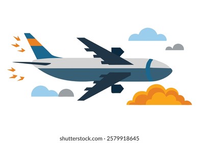 plane, crash, aircraft, accident, silhouette, smoke, fire, explosion, emergency, aviation, disaster, air, flight, danger, fall, vector, illustration, white, background, sky, turbulence, burning