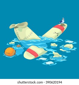 A Plane Crash Over The Ocean. Vector Illustration.