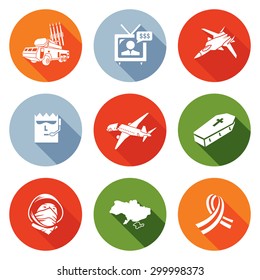 Plane Crash in a war zone Icons Set. Vector Illustration. Isolated Flat Icons collection on a color background for design