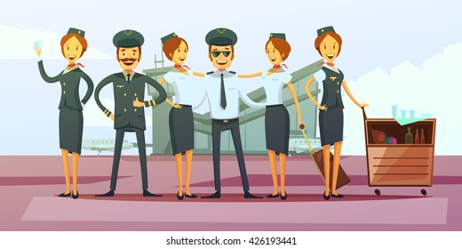 Plane Crew Cartoon Background With Pilot And Flight Attendants Vector Illustration 