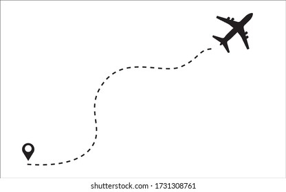 Plane dash line flight route with start point. Aircraft clip art icon with flight path. Vector illustration of passenger jet silhouette flying from map pointer.