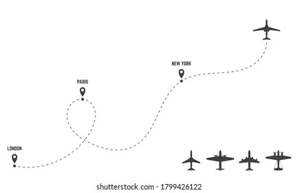 Plane dash trace. Set of planes. Routes and direction of travel. Black silhouettes of airplanes and routes with dashed lines. Air flights derection. City and pin on plane route.