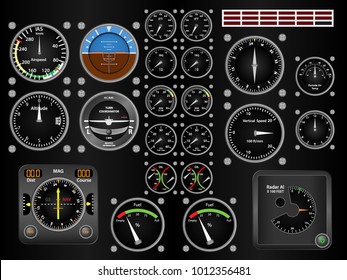 Plane dashboard aviation instrument airplane control illustration on black dashboard