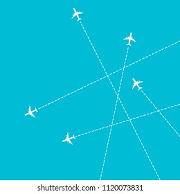 plane with dashed path lines. airplane flight route. vector illustration