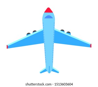 Plane decoration element, flying object in flat design style, blue airbus, business technology, transportation and tourism sign, flight icon, model vector
