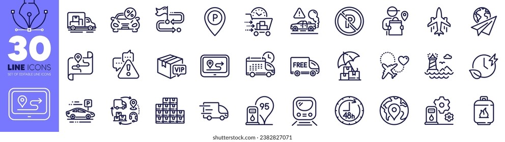 Plane, Delivery man and Lighthouse line icons pack. Parking, Honeymoon travel, Supply chain web icon. Car leasing, Delivery insurance, Warning pictogram. Vip parcel, Truck transport, Pin. Vector