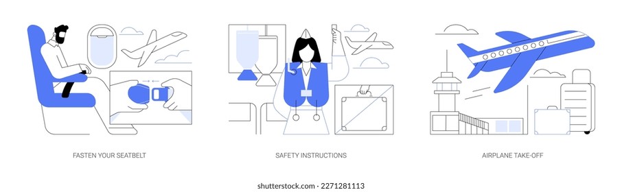 Plane departure abstract concept vector illustration set. Passenger fastens seatbelt on the plane, flight attendant giving safety instructions, airplane take-off, air transport abstract metaphor.