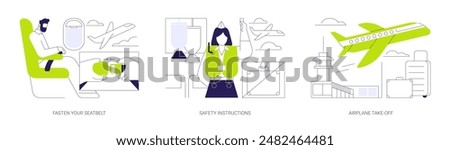 Plane departure abstract concept vector illustration set. Passenger fastens seatbelt on the plane, flight attendant giving safety instructions, airplane take-off, air transport abstract metaphor.