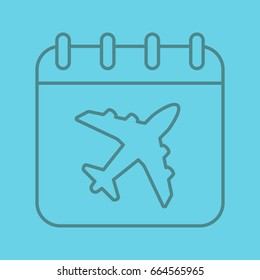 Plane departure date linear icon. Airport schedule. Calendar page with airplane. Thin line outline symbols on color background. Vector illustration