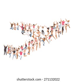 Plane departure icon made of people images. Figures are merged together 