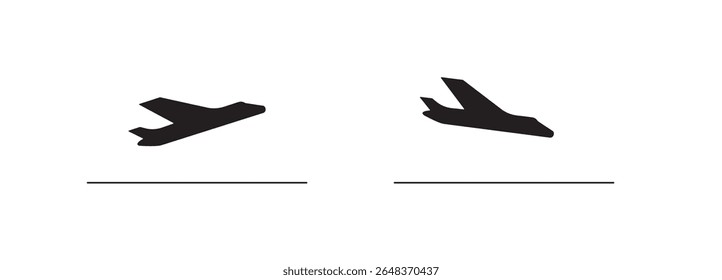 Plane departure and landing vector icon, take off airplane silhouette. Airport simple symbol, black takeoff plane logo, airline pictogram or jet aircraft shape side view isolated