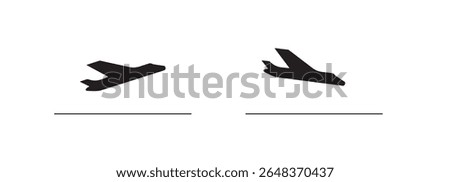 Plane departure and landing vector icon, take off airplane silhouette. Airport simple symbol, black takeoff plane logo, airline pictogram or jet aircraft shape side view isolated