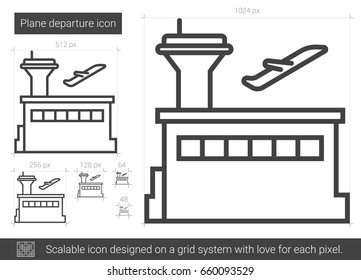Abflugvektorsymbol der Ebene, einzeln auf weißem Hintergrund. Abfluglinie-Symbol für Infografik, Website oder App. Skalierbares Symbol, das auf einem Gittersystem entworfen wurde.