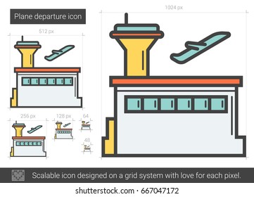 Plane departure vector line icon isolated on white background. Plane departure line icon for infographic, website or app. Scalable icon designed on a grid system.