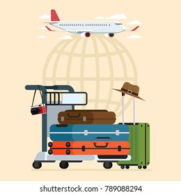 Plane and departures travel sky and airport luggage trolley travel and suitcases, Vector Illustration