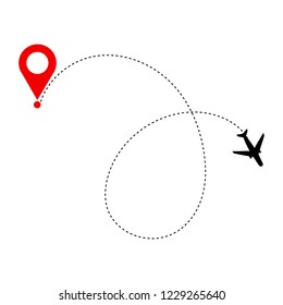 Plane with destinations points and dash route line. Airplane travel concept. Vector silhouette illustration