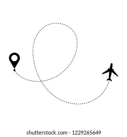 Plane with destinations points and dash route line. Airplane travel concept. Vector  illustration EPS10
