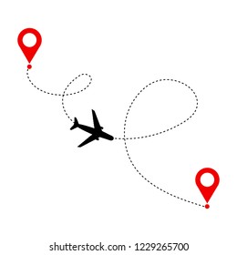 Plane with destinations points and dash route line. Airplane travel concept. Vector silhouette illustration