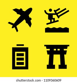 plane diagonal silhouette, battery, torii gate and water ski vector icon set. Sample icons set for web and graphic design