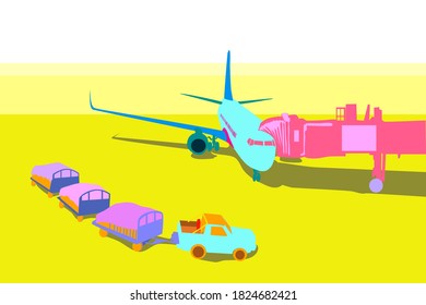 A plane is docked to the passenger bridge on the parking lot.  With luggage rickshaws running through.