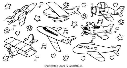 Plane doodle drawing objects. Hand drawn set of kid airplane toy isolated on white background.