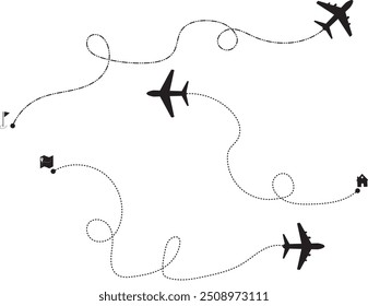 Avião com linha pontilhada. Avião com caminho pontilhado. Conjunto de ícones do caminho de viagem. Avião com recolha de rota. rota de voo de avião com ponto de partida e traçado de linha.
