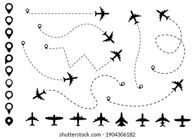 Plane dotted path and map pin collection. Big option of different map pins and airplanes. Travel and tourism concept. Vector set