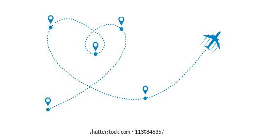 plane and its dotted path on white background. Vector illustration.