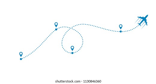 plane and its dotted path on white background. Vector illustration.