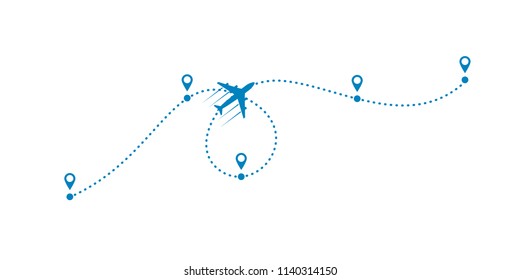 plane and its dotted path on white background. Vector illustration.