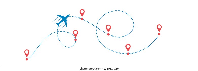plane and its dotted path on white background. Vector illustration.