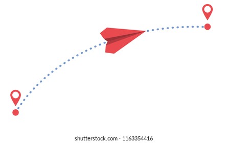 plane and its dotted path on white background. Vector illustration.