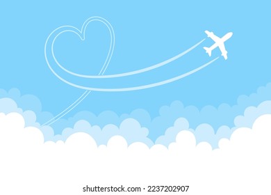The plane draws a loop in the shape of a heart, leaving a smoky trail in the blue sky among the clouds.