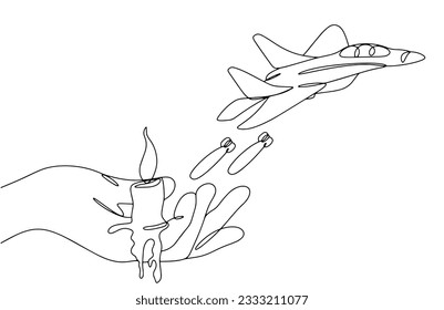 The plane drops bombs on people. Terrorism. Hand with a candle of memory. International Day of Victims of Terrorism. One line drawing for different uses. Vector illustration.