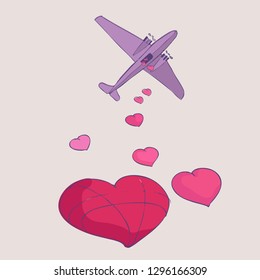 plane drops heart bombs from above. Happy Valentine's Day card