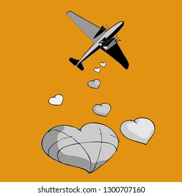 plane drops heart bombs from above. Happy Valentine's Day card