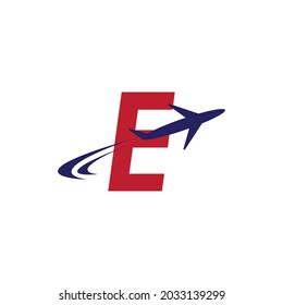 Plane with E initial letter Travel logo vector template