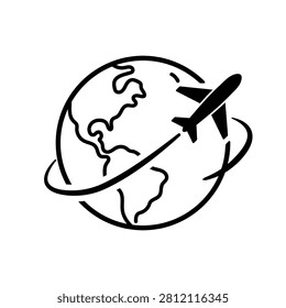 Plane with earth or globe icon or logo. Airplane route over world  Travel around the world by aircraft concept. Vector illustration.
