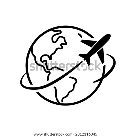 Plane with earth or globe icon or logo. Airplane route over world  Travel around the world by aircraft concept. Vector illustration.