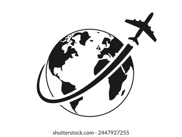 Plane with earth or globe icon. Travel around the world by airplane logo concept. Vector illustration.