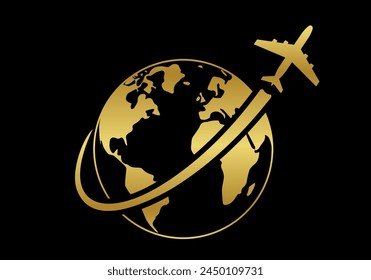 Plane with earth or globe icon. Travel around the world by airplane logo concept. Vector illustration.
