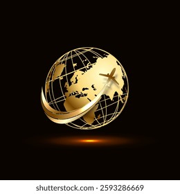 Plane with earth or globe icon. Travel around the world by airplane logo concept. Vector illustration.