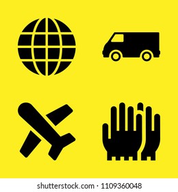 plane, earth globe symbol of grid, gloves and van vector icon set. Sample icons set for web and graphic design