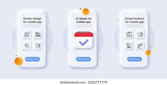Plane, Employees messenger and Business target line icons pack. 3d phone mockups with calendar. Glass smartphone screen. Electric bike, Brainstorming, Search web icon. Vector
