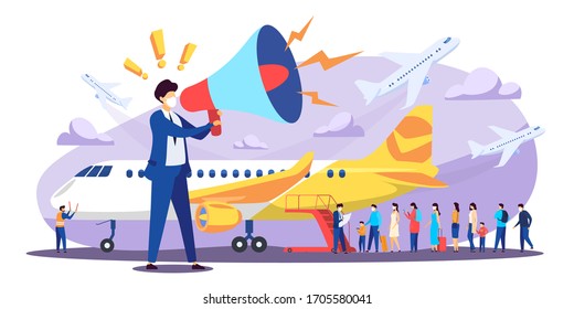 Plane Evacuation Country Citizens To Homeland, Vector Illustration. Virus Spread Prevention. Preparation For Flight, Service Take Passengers On Board In Turn. Cartoon Character With Large Speaker.