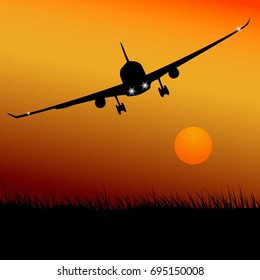 Plane in the evening sky, airplane flight at sunset, dawn, evening landscape, travel,
