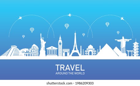 plane with famous landmark buildings. time to travel around the world. vector illustration in flat style modern design.