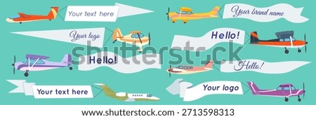 Plane with flag, banner on ribbon. Fly on airplane. Air news, advertising aviation. Vehicle with ribbon. Aerial transport. Message in sign, propeller planes and jet. Vector marketing for advertising